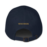 Navy blue cap with a brown buckle on a white background