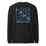 Black long-sleeve shirt with blue text 'LAKE Wisconsin' on a white background