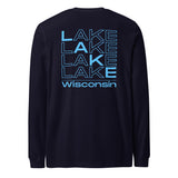 Black long-sleeve shirt with 'Lake Lake Lake Wisconsin' text in blue on a white background