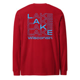 Red long-sleeve shirt with 'Lake Lake Lake Wisconsin' text on a white background
